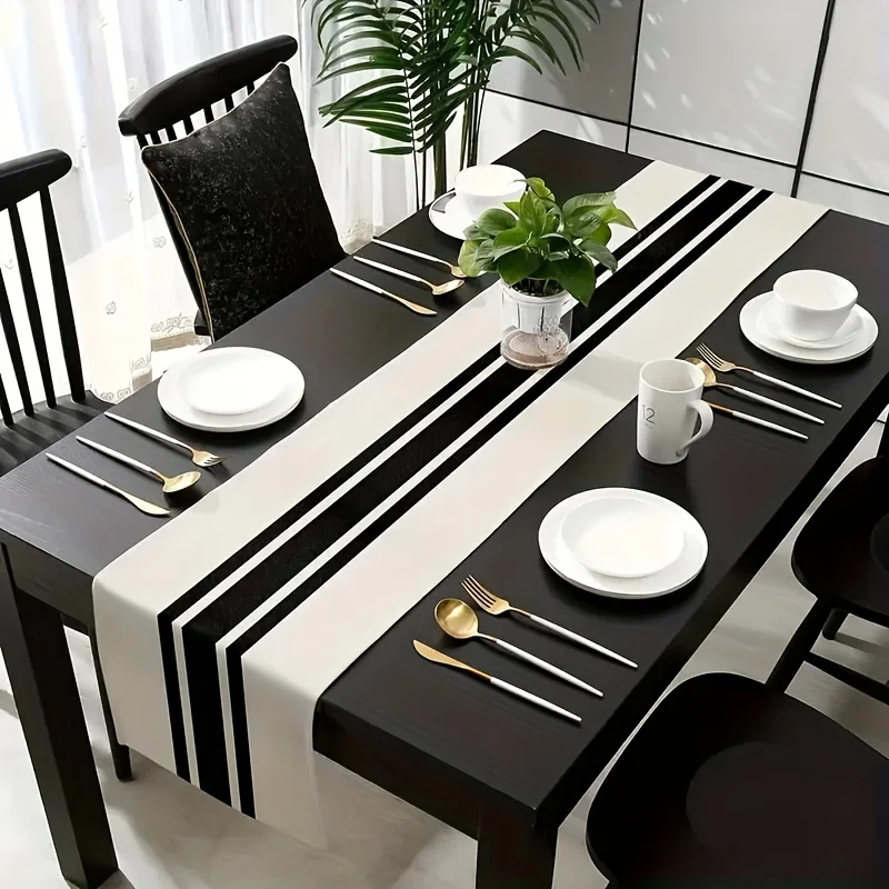1pcStriped Table Runner Simple Modern Style Table Runner, Black And White Printed TableRunners Luxurious Linen Table Cloth