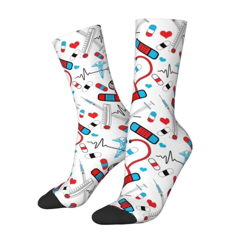 Cute Nurse Doctor EKG Pattern Dress Socks Men Women Warm Fashion Novelty Nursing Crew Socks