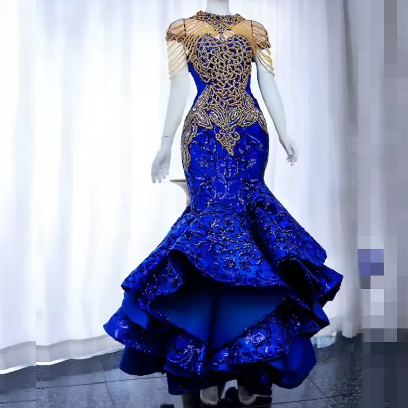 Thanh Lịch Aso Ebi Vũ Hội Đầm Nữ 2022 Đầm Chiếu Trúc Hạt Nàng Tiên Cá Màu Xanh Hoàng Gia Váy Dạ Hội Người Nổi Tiếng Tiệc Cưới Đầm