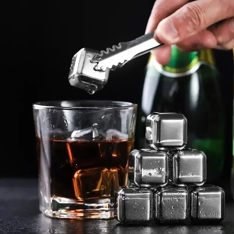 304 Stainless Steel Ice Cube Set With PP Storage Box & Ice Tongs Reusable Quick Freeze Whiskey Cooling Stone Bar Accessories