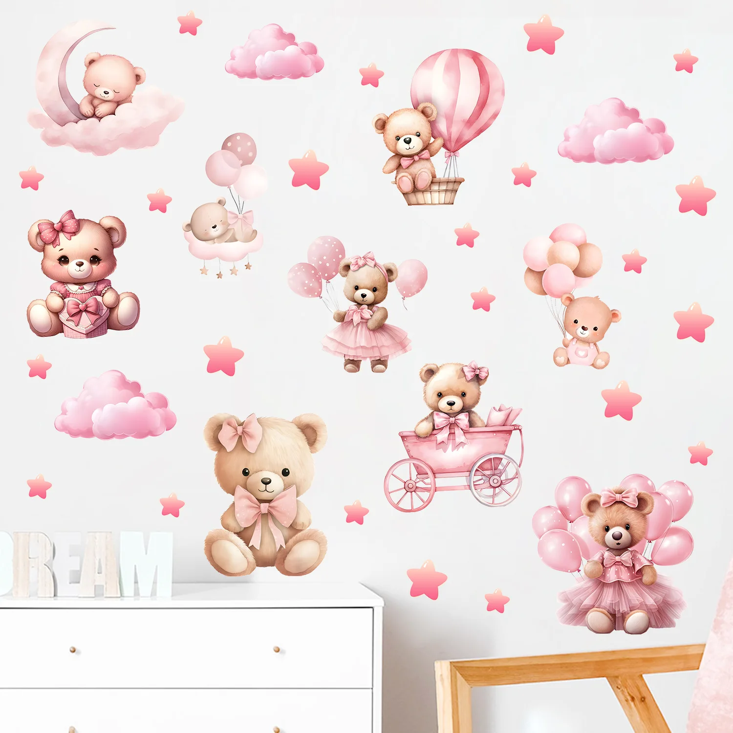 Cartoon Pink Bear Stars Cloud Wall Sticker Vinyl Child Room Art Decal Kids Room Bedroom Living Home Decor Self-adhesive Stickers