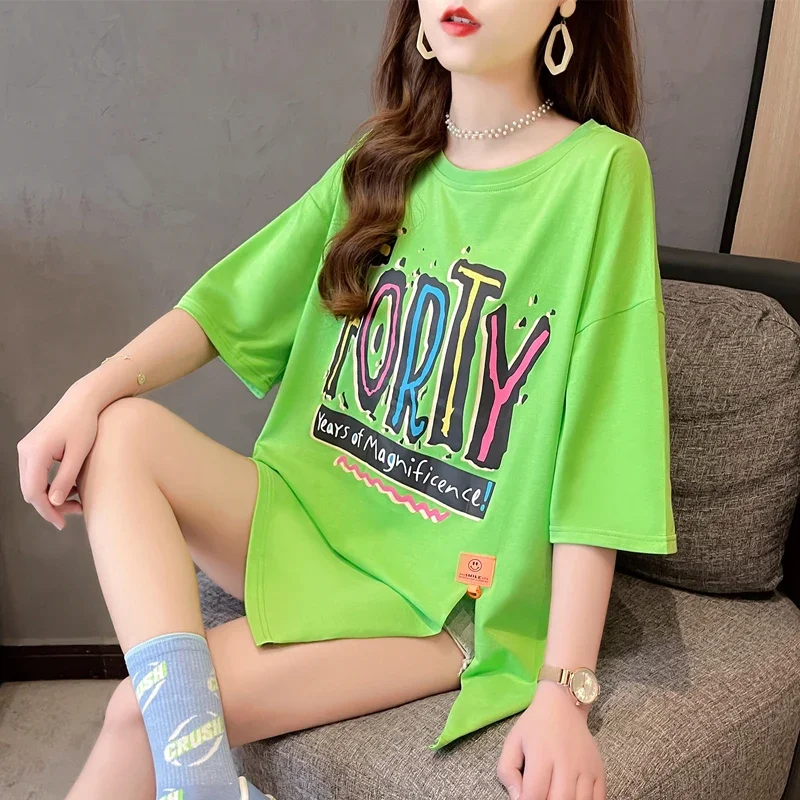 

DAYIFUN Neon Green Orange White T Shirt Women Split Casual Oversized Streetwear T-shirts Cotton Loose Tshirt with Letter Printed