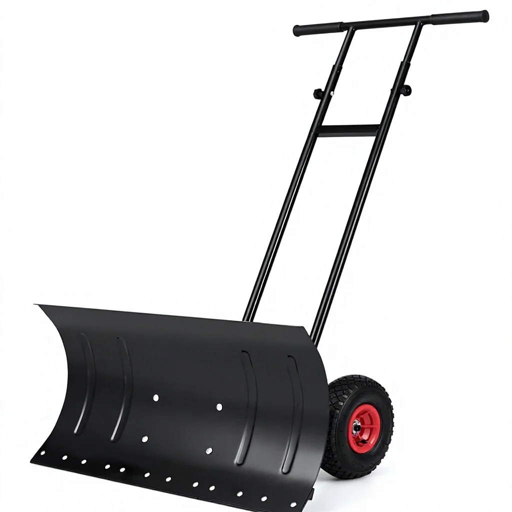 Snow Shovel Driveway/Doorway/Sidewalk 7-Position Angled Blade Powder Coated Metal Rubber Wheels