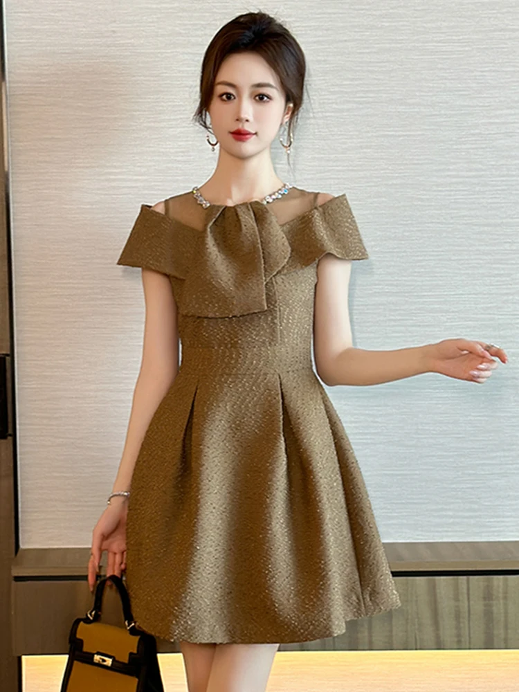 Elegant Pretty Party Dress Women's Cute kawaii Bow Sheer Mesh Splice Diamonds Pleated Ball Gown Female Night Out Vestidos Lady
