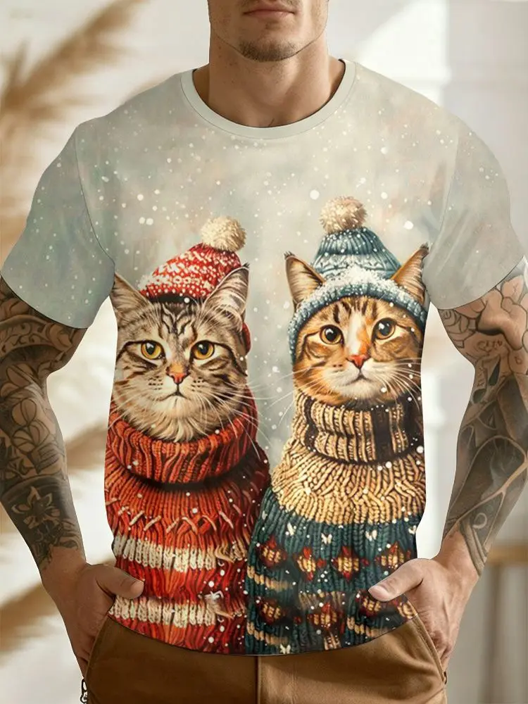 Herren T-Shirt Cartoon Niedliche Katzengruppe 3D-Druck Kurzarm Rundhals Sommer Lustige Streetwear Lässige Mode Oberteile Herrenbekleidung – Detail 2