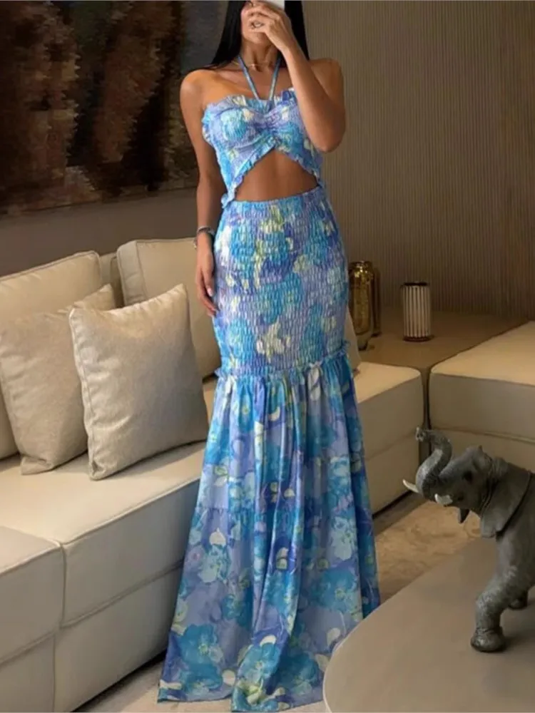 

Fashion Holiday Bodycon Women's Dress Sexy Halter Straps Hollow Print Long Dress Female Spring Summer Lady Party Dresses