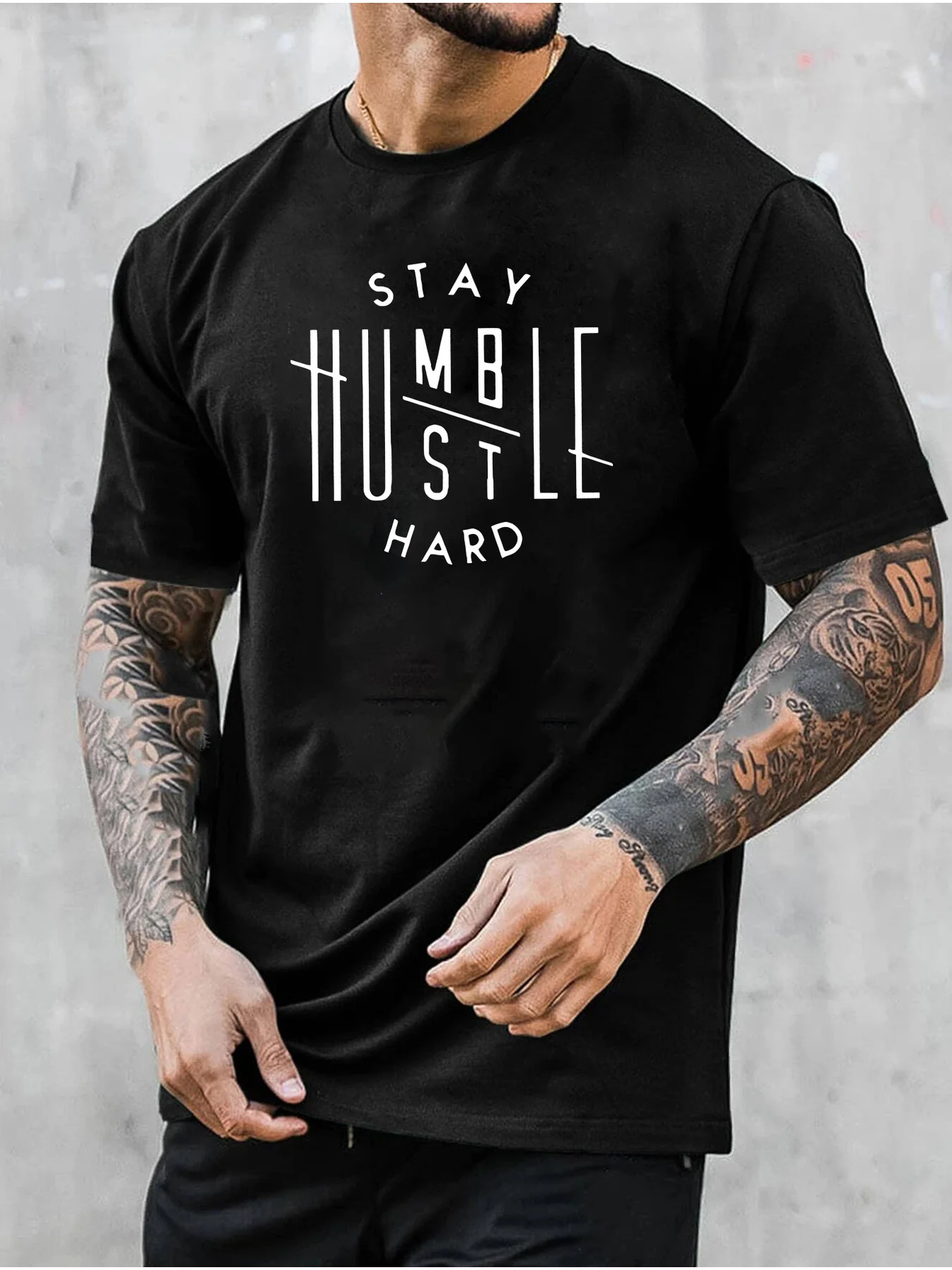 Stay Humble Hustle Hard Motivational T-Shirt for Men Casual Crew Neck Short Sleeve Tee Trendy Streetwear Tops for Daily Wear