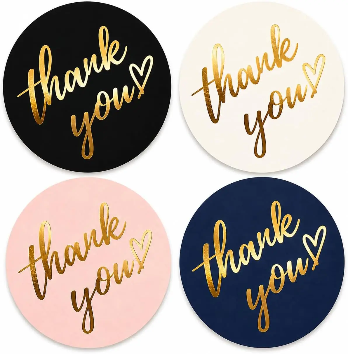 

500 Thank You Stickers Roll – 1.5 Inch Round Gold Foil with Heart Design, 4 Colors for Small Business Packaging