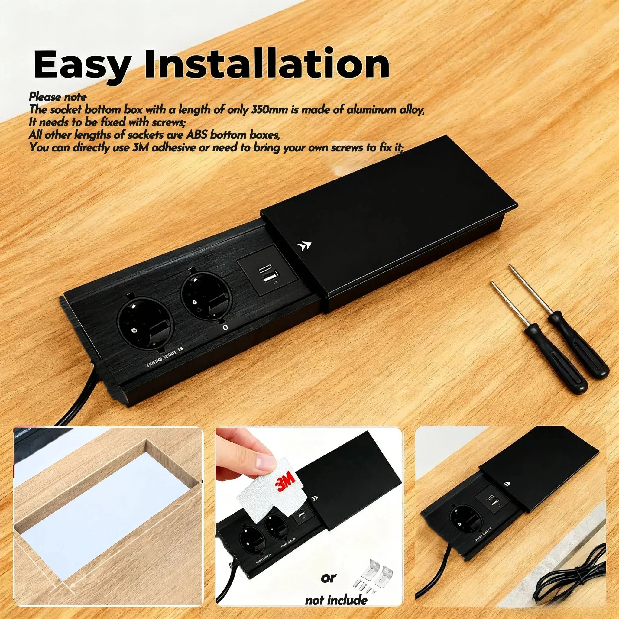 Table Hidden Socket Embedded 2 3 Outlets with 2 USB RJ45 CAT6 Wireless Charge EU KR Multi Plug 10A 110~250V 2600W Black Socket