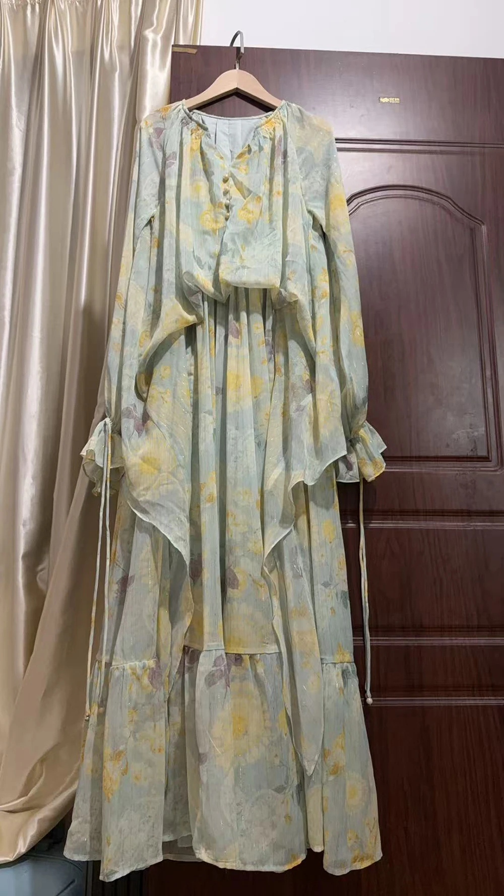 Plus Size Spring Summer 2026 V-Neck Retro Print Long Sleeve Drawstring Light Green Maxi Dress Chiffon Shiny Silk  Dress