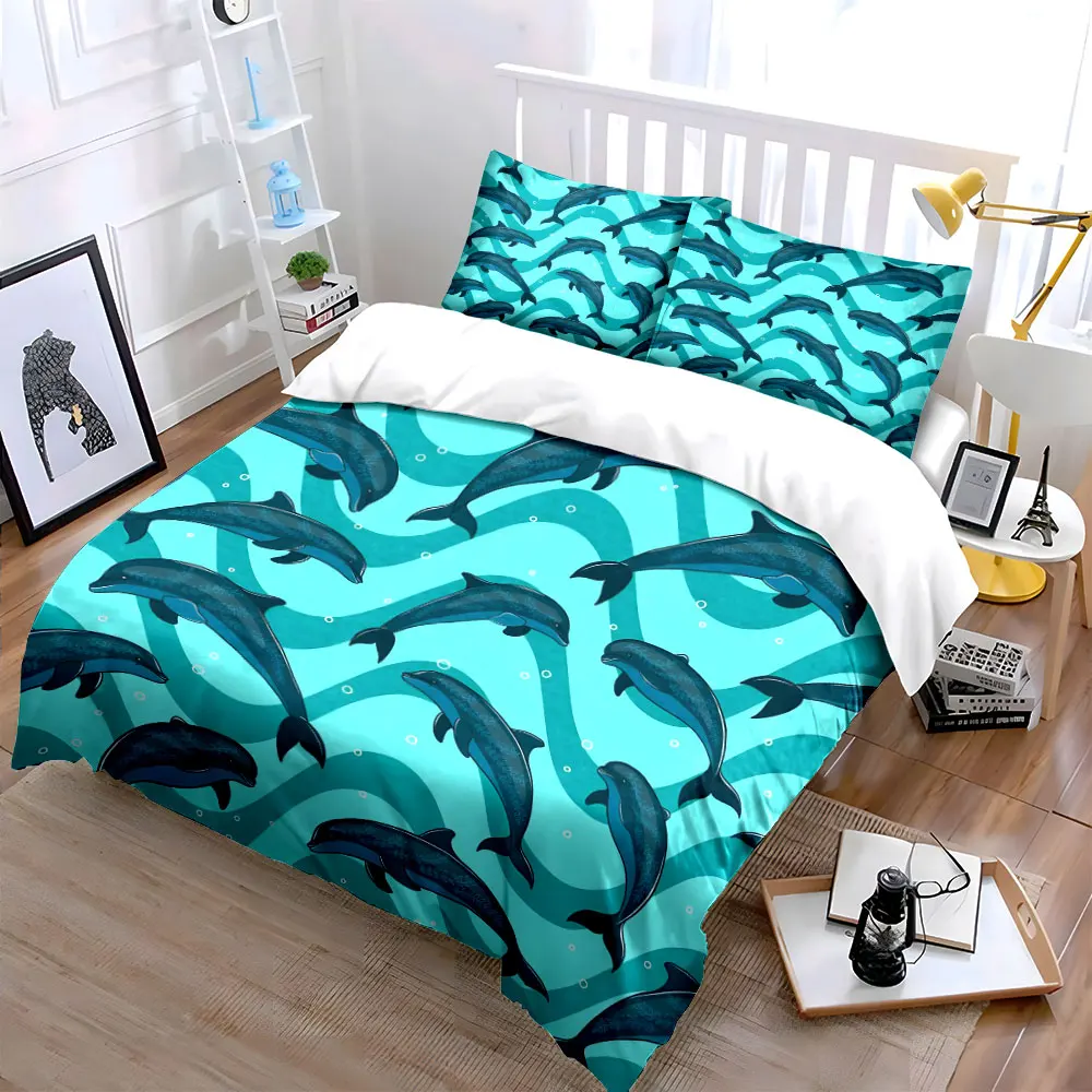 Ocean Dolphin Decorative Set Soft Skin-Friendly Bedding Set Includes 1 Duvet Cover And 2 Pillowcase, Gift