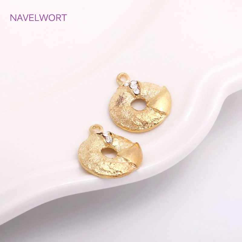 14mm Inlaid Zircon Round Charms For Earring Making Fittings,14K Gold Plating Matte Surface Pendant For Making Jewelry