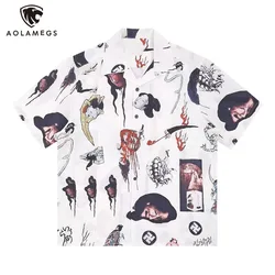 Harajuku Vintage Japanese Graffiti Printed Short Sleeve Shirt for Men Oversized Lapel Single Breasted Hawaiian Shirts Unisex