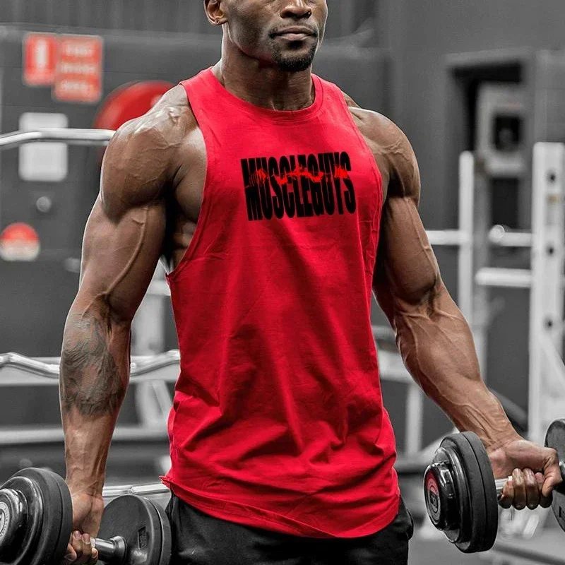 

Professional Muscleguys Gym Sports Summer Cotton Fitness Bodybuilding Workout O-neck Graphic Printed Sleeveless Shirt