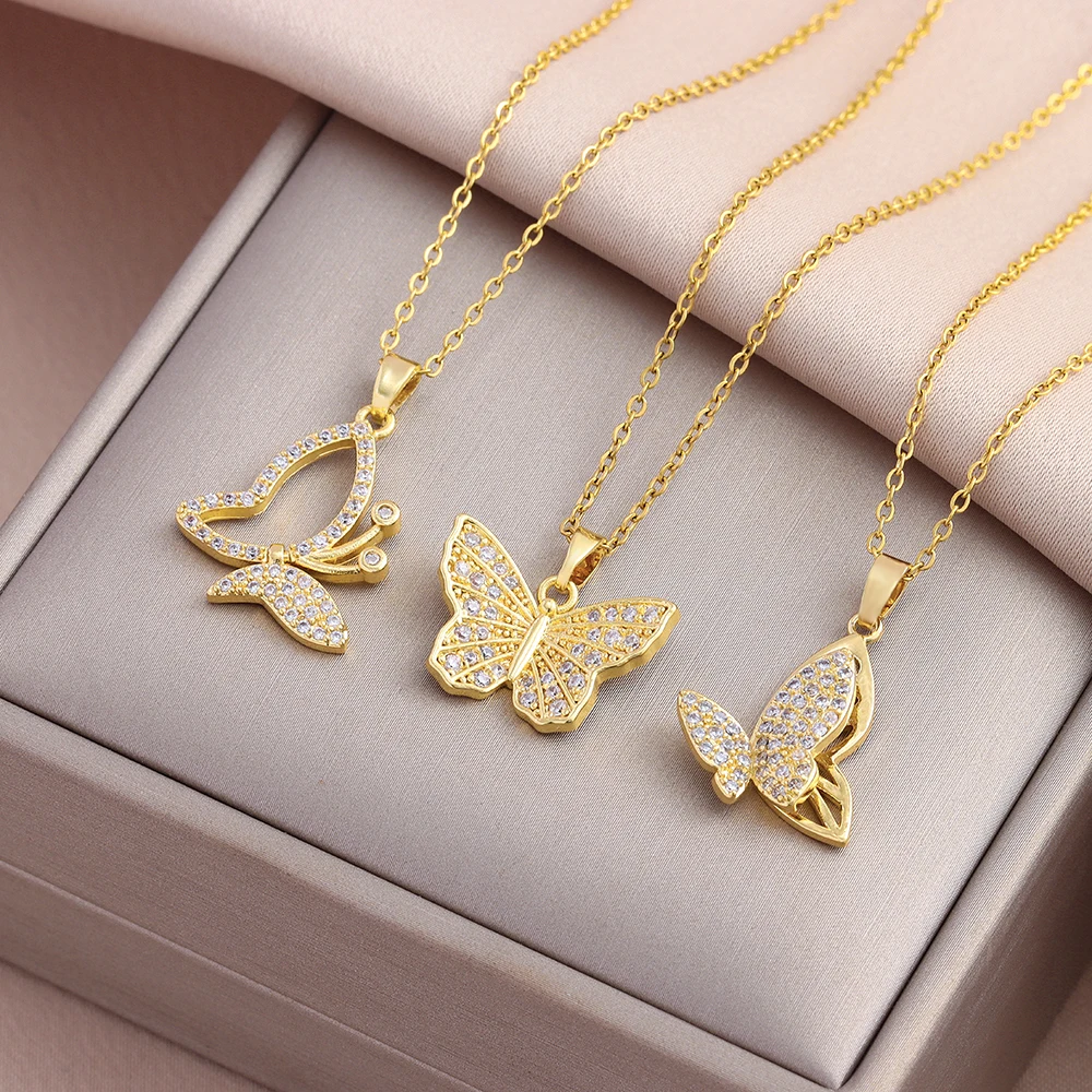 New Sweet Sexy Zircon Crystal Butterfly Pendant Necklaces For Women Female Stainless Steel Neck Chain Jewelry Ladies Accessories