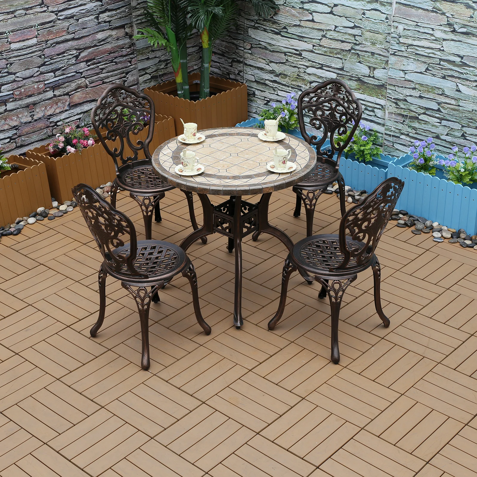 Tile Patio Table Aluminum Frame Outdoor Table Bistro Table All Weather Garden Table Faux Wood Grain Backyard Table Dining Table