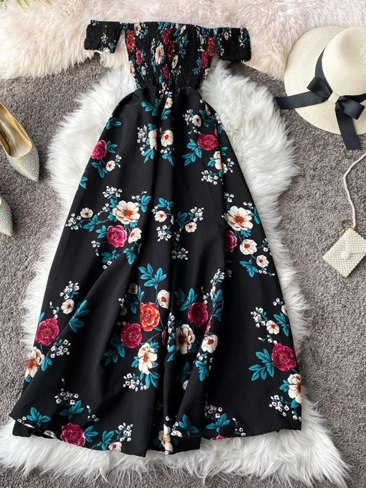 Summer Women\'s Irregular Slit Print Floral Long Dress One-way Neck Strapless Chest Wrap Short Sleeve Dresses LL006