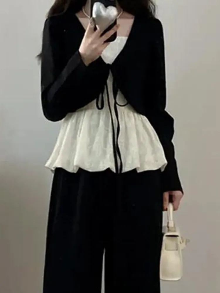 

Женский вязаный топ с V-образным вырезом и кружевными вставками, длинный рукав, модный повседневный свободный крой, новинка весеннего сезона, корейский стиль