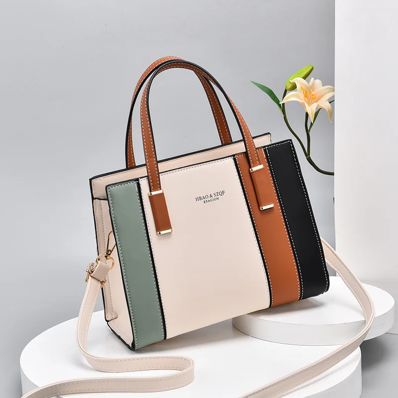 Chic Color-Block Striped Tote: Elegant, Versatile & Secure Zip Handbag - Ideal for Work & Day-to-Day St