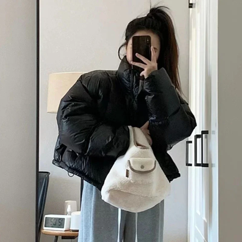 Black Crop Parkas Women Korean Fashion Winter Puffy Coats Warm Stand Collar Simple All-match Female Streetwear Baggy Chic Jacket