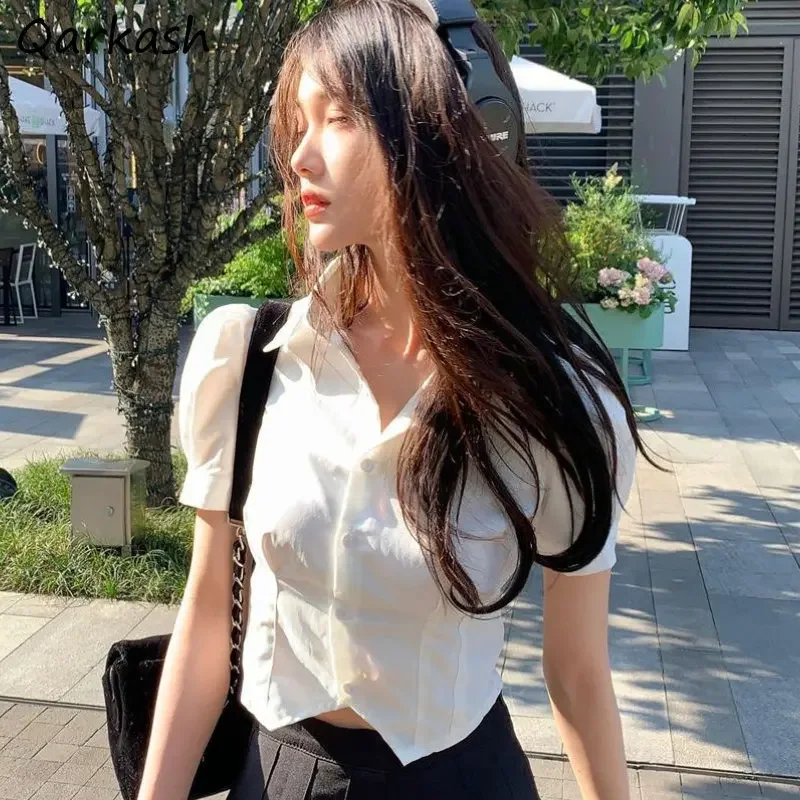 Shirts Women Casual Crop Tops Fashion Solid Puff Sleeve Hotsweet Preppy Style Slim Simple Ulzzang Chic Girls All-match Summer