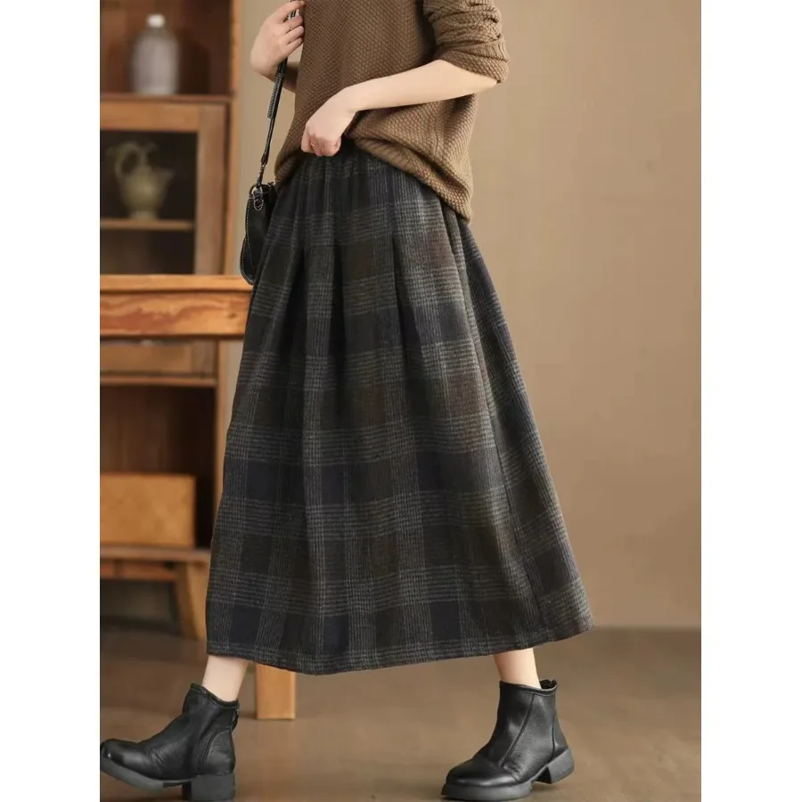 

Retro Japanese Plaid f-length A-line Skirt High-waist Woolen Women's Mid-length Autumn Winter Slimming Hip Covering Long S...
