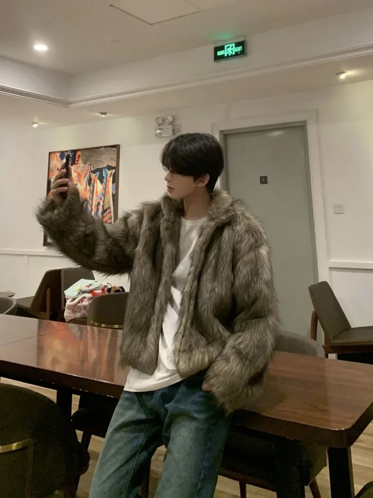 Korean Fashion Short Faux Fur Men\'s Winter Warm Fashionable Temperament Streetwear Jacket Long Hair Thickened Plush Coat New