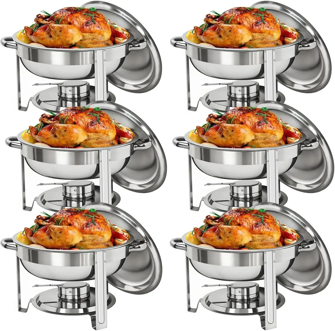 Pack of 6 Round Chafing Dish Full Size 5 Quart Stainless Steel Deep Pans Chafer Dish Set Buffet Catering Party Events