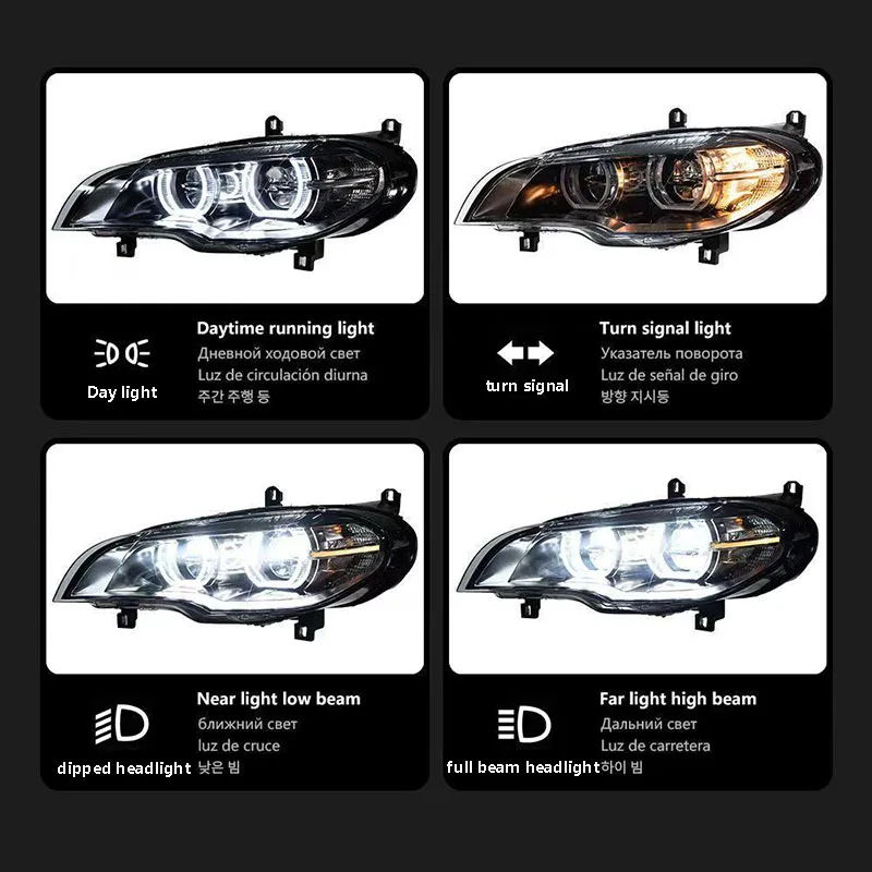 Suitable for 08-13 BMW X5 Headlight Assembly E70 Changed to Angel Eyes New Two-Color Headlight LED Daytime Running Light