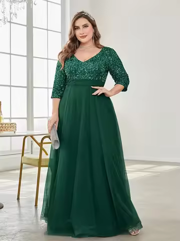 Plus Size Luxury Floor Length V-Neck Evening Dress Women Elegant Party Maxi Dress Sequins Short Sleeves Prom Cocktail Gowns