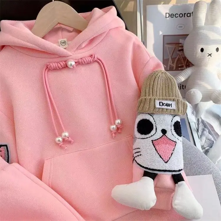 Girls plus cashmere set Autumn and winter Korean version of the children\'s trendy cartoon fried street girl two-piece set