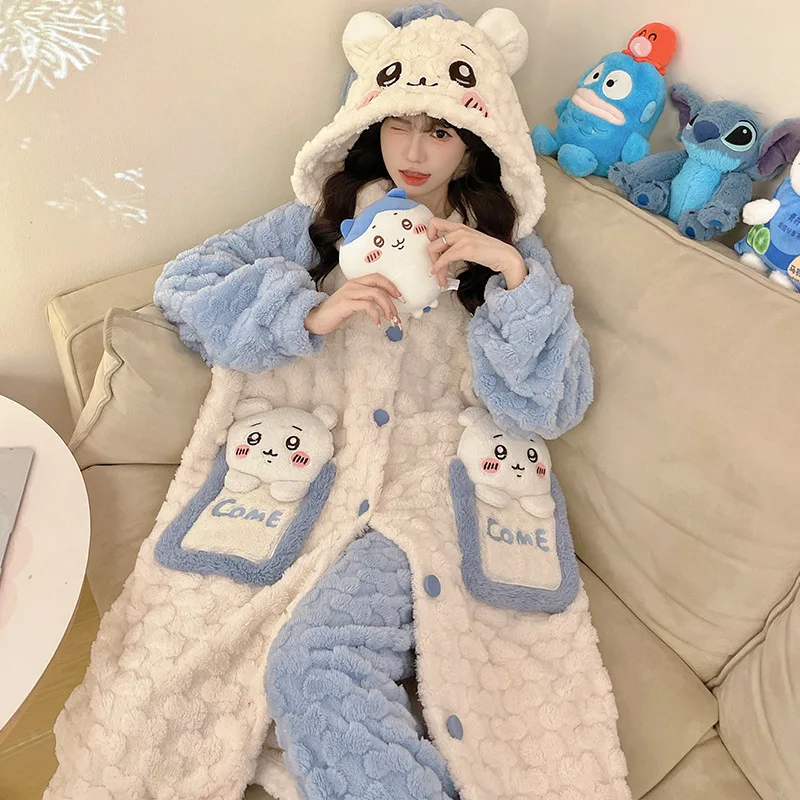 Self-Deprecating Bear Kawaii Cartoon Anime Chiikawa Usagi Hachiware Pajamas Robe Plus Velvet Thickened Hooded Cute Flannel Suit