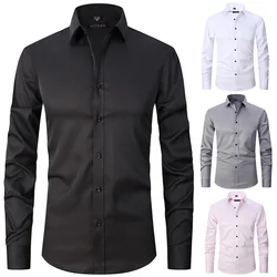 Men's Long Sleeved Slim Fit Elastic Shirt and Non Ironing Black Shirt Men's Solid Color Versatile Business Inch Men's Clothing