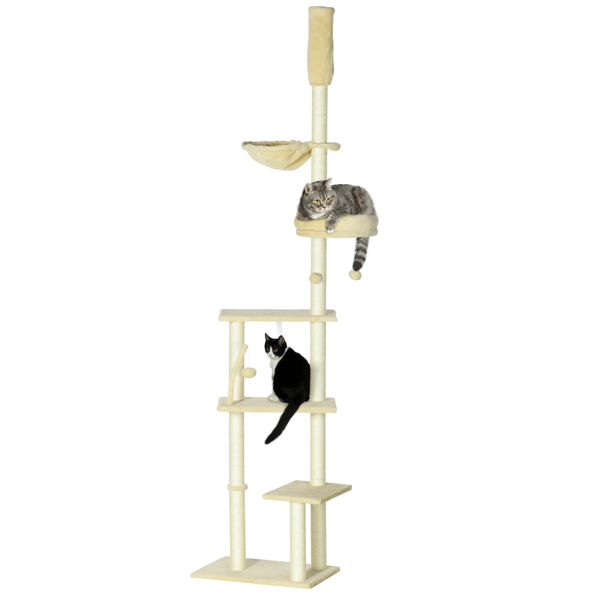 

90.5" - 98.5" Adjustable Height, Cat Climbing Tower with Carpeted Platforms, Cozy Bed, Hammock, Scratching Posts, Beige