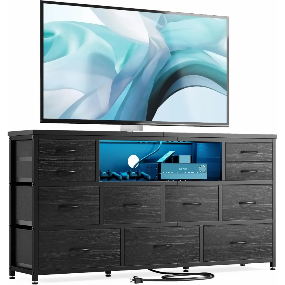 

Dresser TV Stand for Living Room with 11 Fabric Drawers, Dresser for Bedroom with LED Lights and Power Outlets, Open Shelve