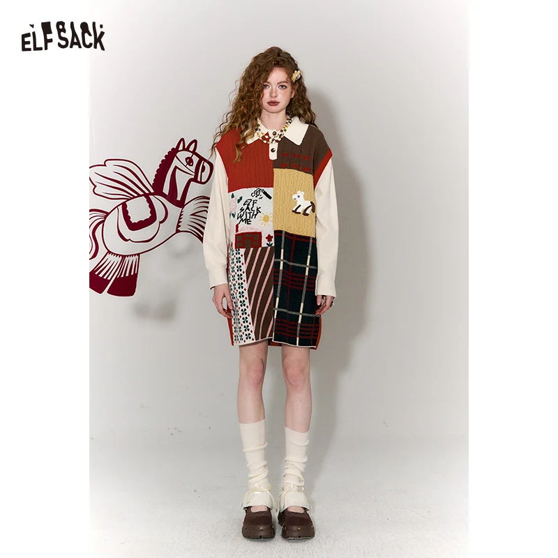 ELFSACK Women's Vintage Patchwork Knit Dress with Horse & Plaid Prin, Long Sleeve Dress, Casual Spring Fall Outfit for Girls