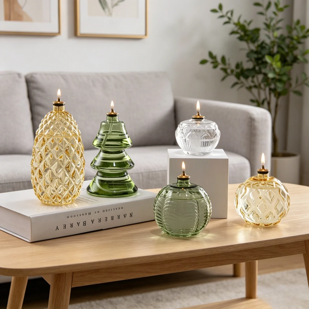 Colorful Embossed Glass Oil Lamp Tealight Candle Holder Home Decor Aesthetic Tabletop Ornament for Wedding Dining Room
