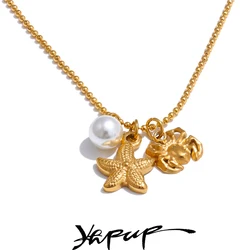 Yhpup Ocean Style Summer Pearl Starfish Crab Necklace Pendant Stainless Steel Gold PVD Plated Holiday Fashion Jewelry for Women