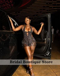 Sexy Black Short Prom Dress For Black Girls Cocktail Dress Bead Diamonds Crystals Halter Birthday Dress Customized
