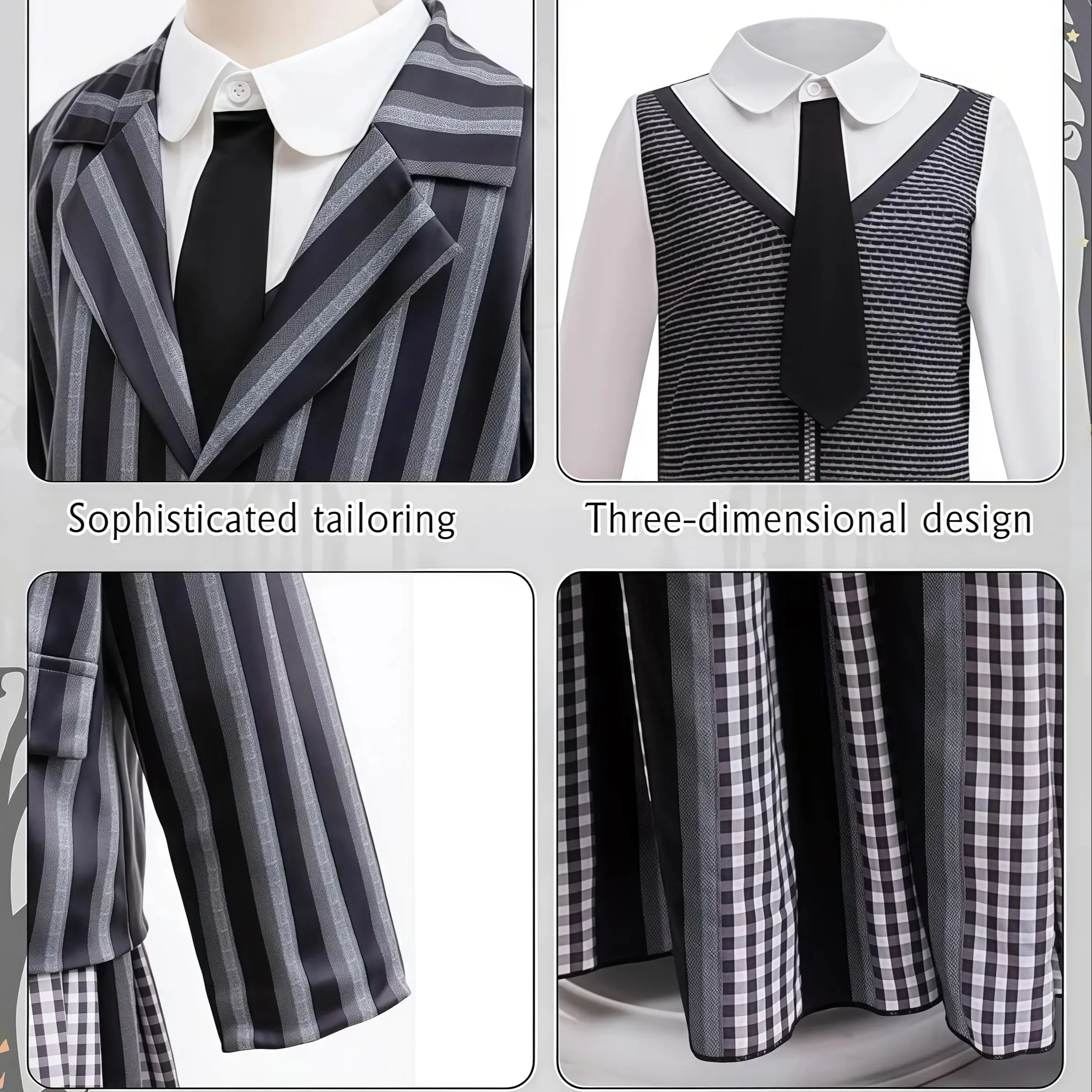 زي مدرسي للأطفال البنات أكاديمية زي تنكري أسود ورمادي فستان مخطط للعائلة الأربعاء والهالوين مجموعات حفلات أعياد الميلاد