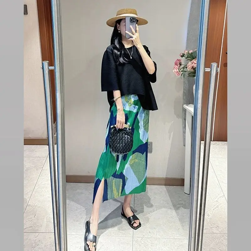 

Женская плиссированная юбка Miyake свободного кроя, зеленая, с принтом, летняя, с высокой талией, в стиле ретро