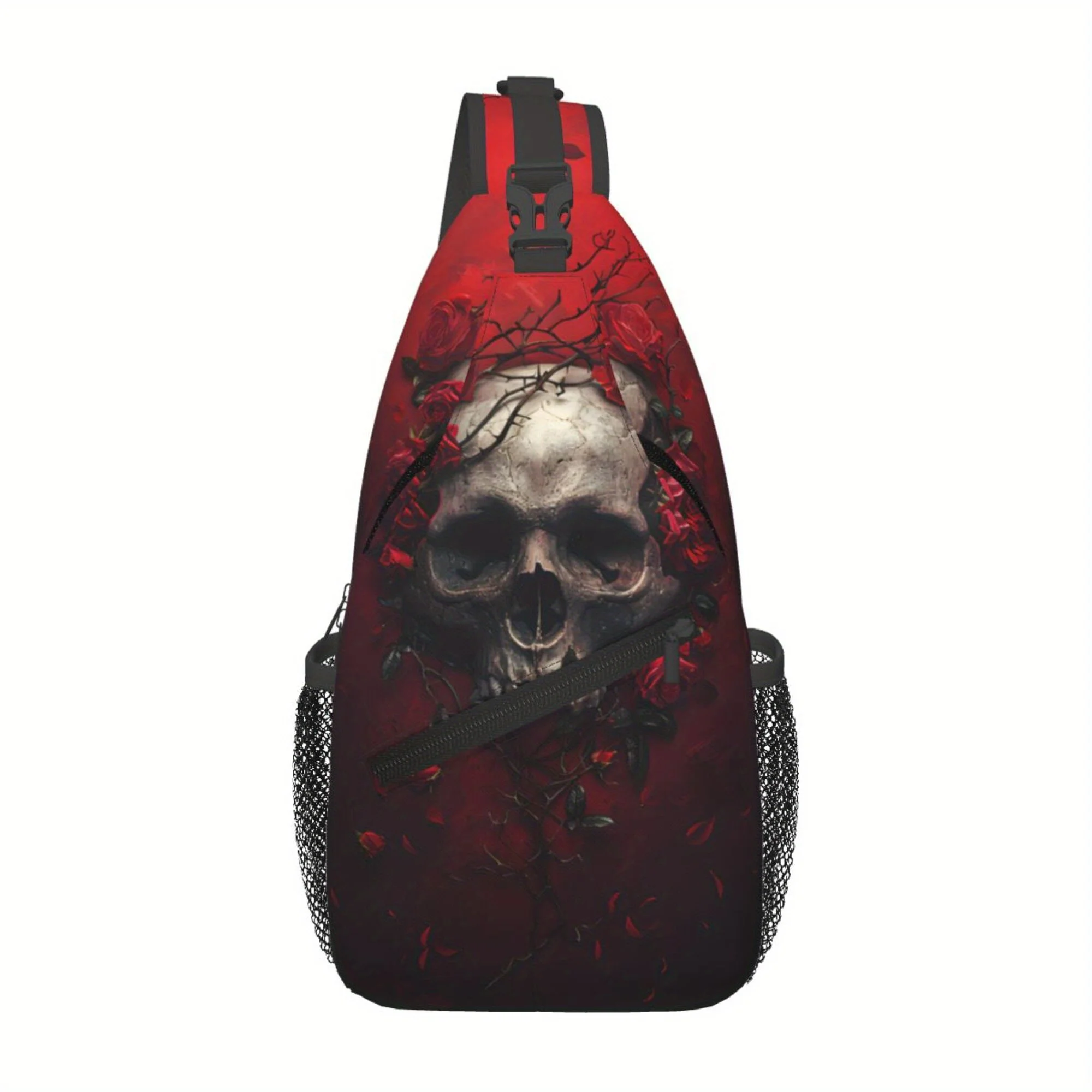 

Men's Skull Roses Crossbody Chest Bag - Red/Black Gothic Print Durable Polyester Sling Bag with Secure Zipper