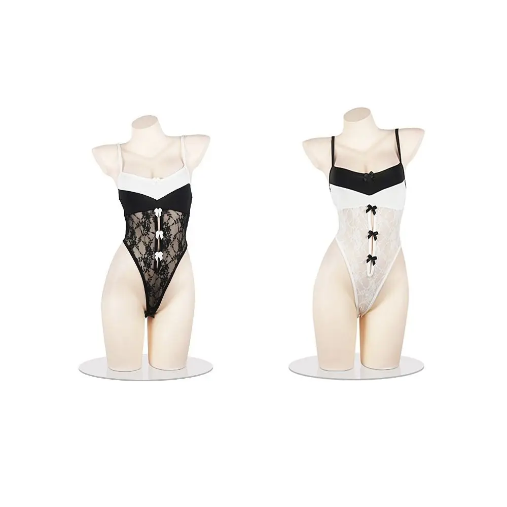 

Deep V Neck Lace Bow Bodysuit Transparent Hollow Lace Mesh Jumpsuits Sleeveless Camisole Uniform Women Lingerie Gifts