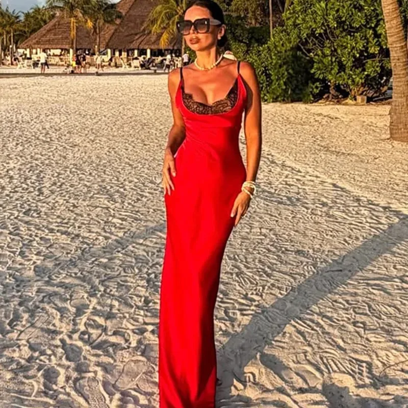 

Talenza Women's V-Neck Elegant Sling Maxi Dress Fashion Lace Patchwork Sleeveless Backless Slim Sexy Summer Party Evening Dress