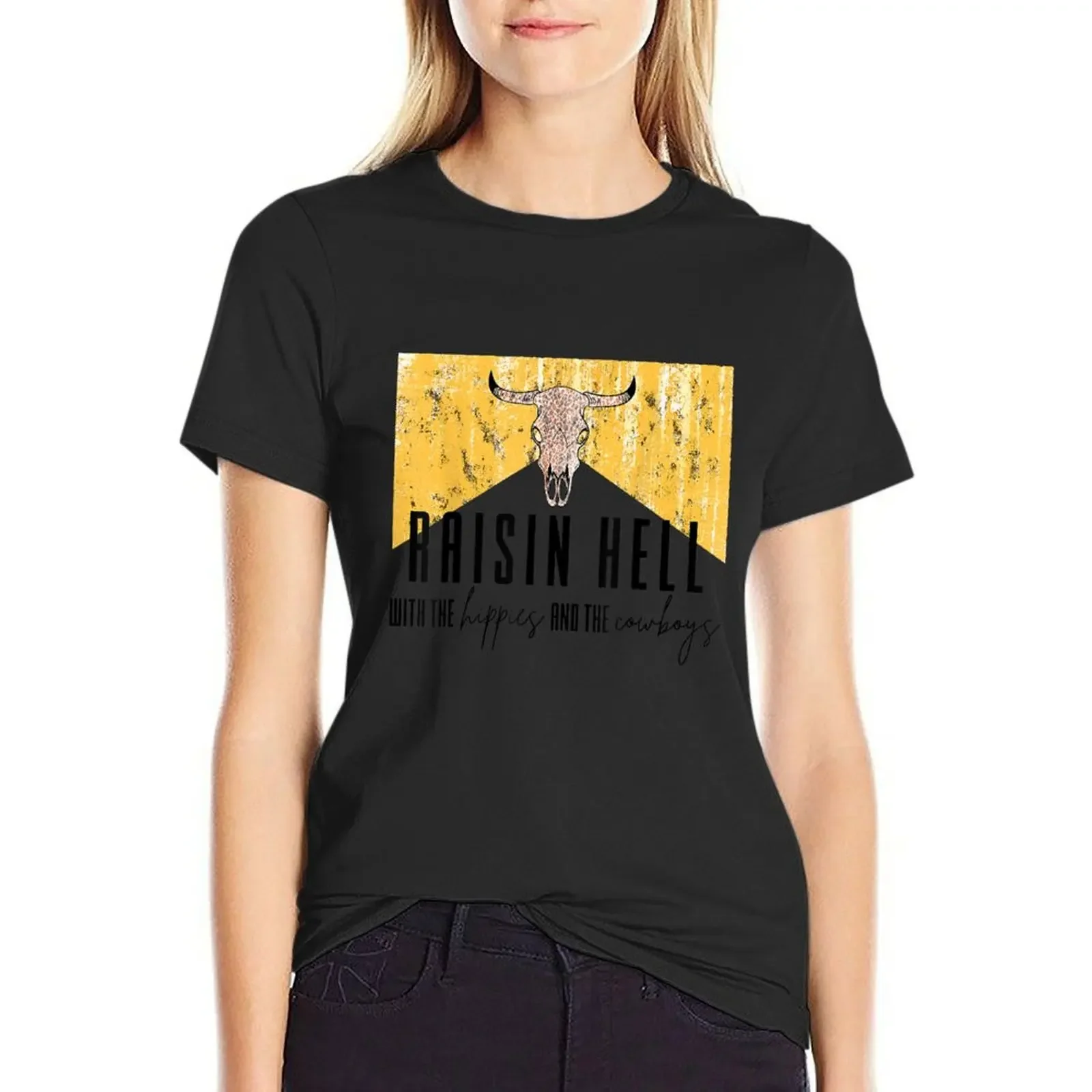

Raising Hell With The Hippies And Cowboys T-Shirt Female clothing vintage plain Women's cotton t-shirt