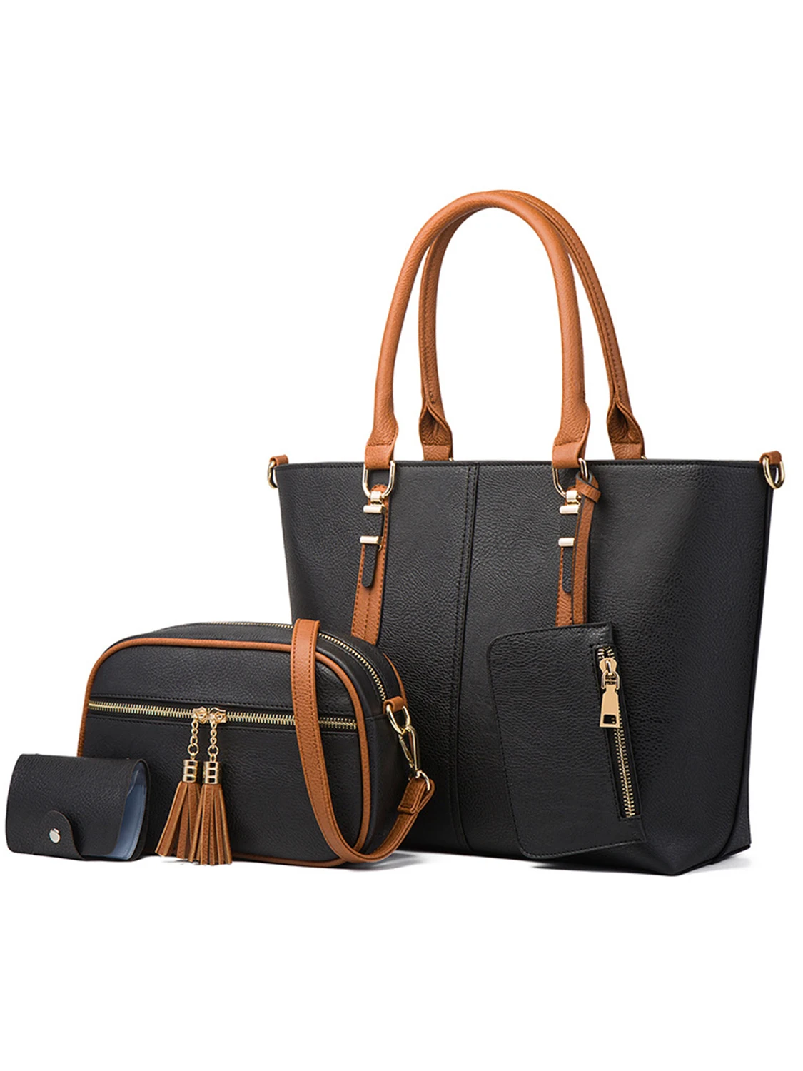 CR Women PU Vegan Leather Contrast Color Handbag Set Fashion Tote Shoulder Crossbody Bag Clutch Wristlet Purse Cardholder Casual view 6