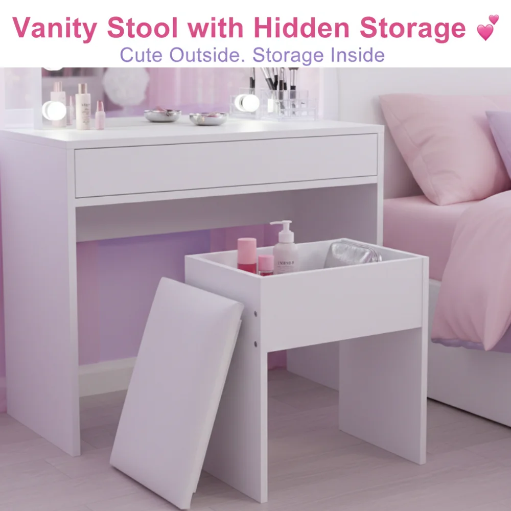 

White Vanity Stool with Hidden Storage - Lift-Top Padded Makeup Bench, Compact Storage Ottoman for Bedroom Dressing Table