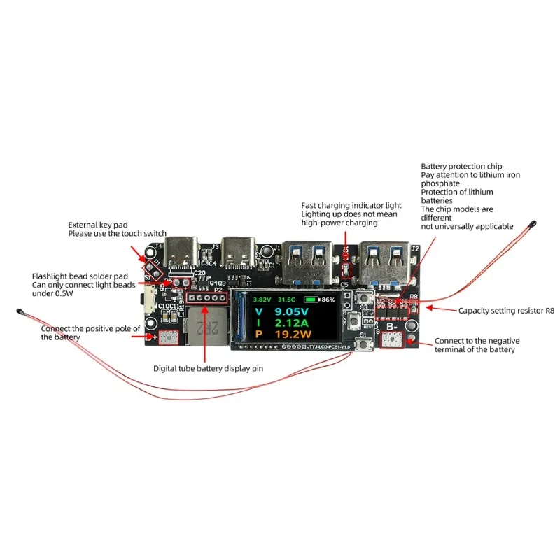22.5W Bidirectional Fast Charging Module Power Bank Mainboard 0.96-inch TFT Color Display Thermal Protection Charging Board