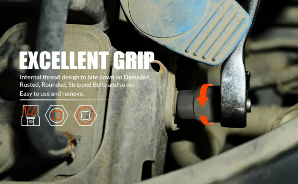 14-teiliges Schwerlast-Cr-Mo-Mutter- und Schraubenausdreher-Set, Ausdreher für beschädigte, verrostete und abgebrochene Schrauben, metrische und SAE-Größen mit Sechskantadapter für die Autoreparatur – Detail 3