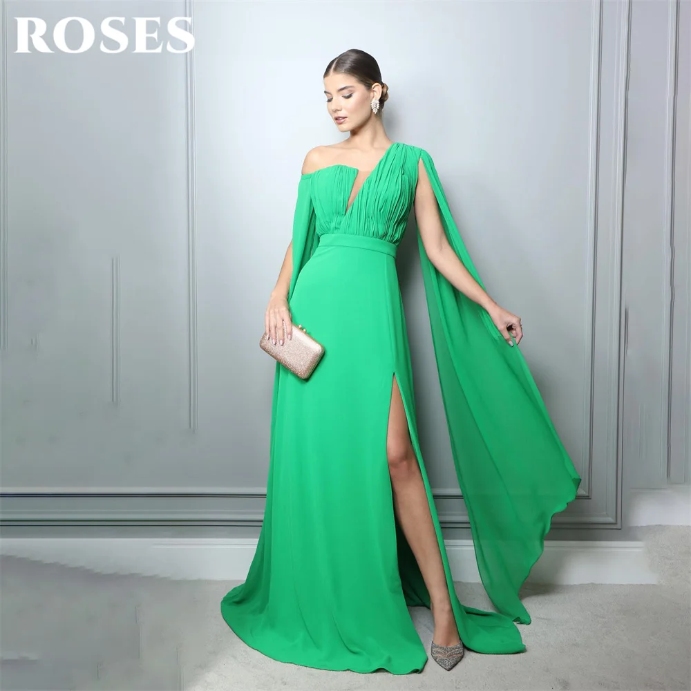 

ROSES Green Chiffion Long Party Dress Pleat Vintage Night Dress Mermaid Sexy Celebrity Dress With High Split vestidos de fiesta